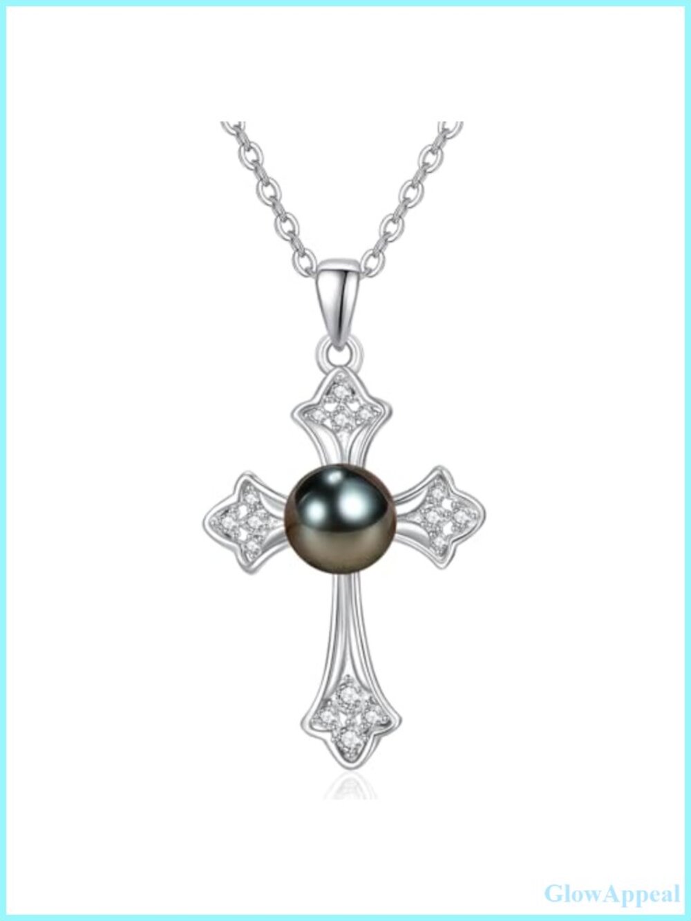 Tahitian Black Pearl Cross Necklace, 925 Sterling Silver Chain, Women's Dainty
